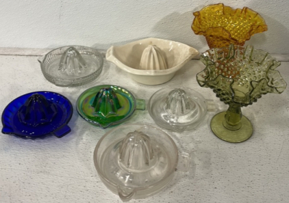 (6) Various Glass/Ceramic Vintage Handheld Juicer, (2) Vintage Glass Chalices