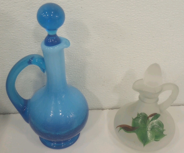 (1) Hand Painted Decrotive Glass Cruet Decanter (1) Two Tone Textured Blue Decorative Glass Cruet Decanter