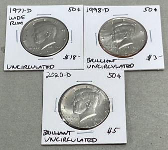 (1) 1971-D Kennedy Half Dollar (Uncirculated), (1) 1998-D Kennedy Half Dollar (Brilliant Uncirculated), (1) 2020-D Kennedy Half Dollar (Brilliant Uncirculated)
