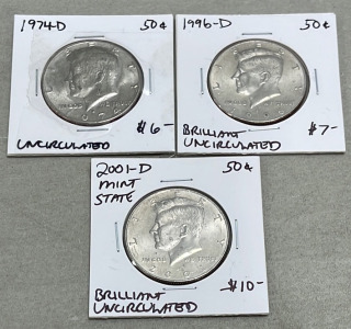 (1) 1976-D Kennedy Half Dollar (Brilliant Uncirculated), (1) 1977-D Kennedy Half Dollar (Uncirculated), (1) 2001-D Kennedy Half Dollar (Uncirculated)