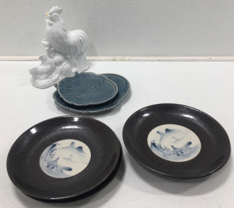 (4) Dinner Plates, (2) Elephant Plates, (1) Rooster Canister