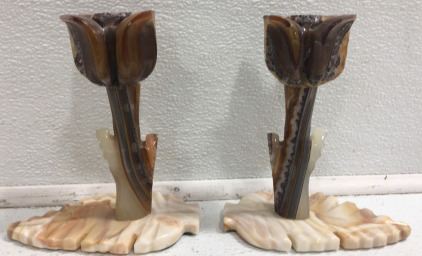 (2) Marble Flower & Leaf Candle Holders