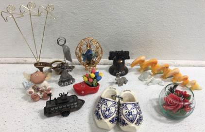 (6) Assorted Sized Marble Tucan Birds (1) Metal Liberty Bell (1) Holland Wood Shoes & More