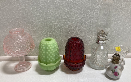 (2) Fenton Glass Candle Holders, (1) Pink Glass Candle Holder, (2) Mini Oil Lamps, (1) Glass Bud Vase