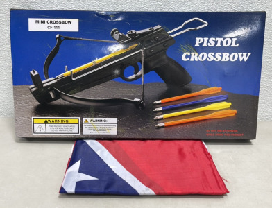 (1) Pistol Crossbow W/ 5 Bolts And Target, (1) Confederate Flag