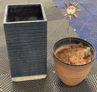 Tall Blue Flower Pot, Plastic Pot w/ Small Cactus and Metal Garden Sun
