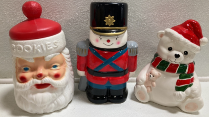 (3) Christmas Cookie Jars: (1) Plastic Santa, (1) Toy Soldier, (1) Polar Bear