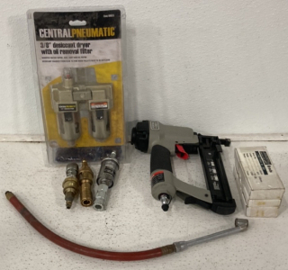 (1) Porter Cable BN 125A Staple Gun, (1) Central Pneumatic 3/8&rsquo;&rsquo; Desiccant Dryer With Oil Removal Filter, (1) 5000 18 Gauge Staples For Staple Gun And More