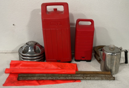 (2) Coleman Propane Lamps, (4) Ram Truck HubCaps, (1) Tea Kettle, (4) Metal Horseshoes And More