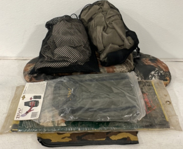 (2) Camp Hunting Seat Cushions With Bean Bag Beans Inside, (1) Camo Hunting Seat Cushion With Foam Inside, And Other Hunting Clothing Accessories