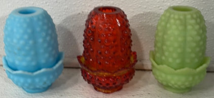 (2) Jade Unique Candle Holders, (1) Vintage Glass Candle Holder