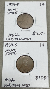 (1) 1939-P Lincoln Head Wheat Cent MS66 Uncirculated Mint State, (1) 1939-S Lincoln Head Wheat Cent MS66 Uncirculated Mint State