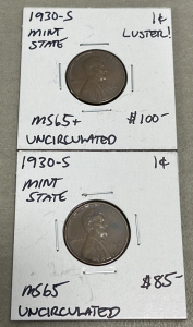 (1) 1930-S Lincoln Head Wheat Cent MS65+ Uncirculated, (1) 1930-S Lincoln Head Wheat Cent MS67 Uncirculated