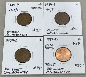 (1) 1934-P Lincoln Wheat Penny Reverse Rotated Die, (1) 1934-P Lincoln Wheat Penny, (1) 1939-S Lincoln Wheat Penny (BU), (1) 1997-D Lincoln Penny (BU)