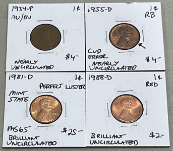 (1) 1934-P Lincoln Wheat Penny, (1) 1955-D Lincoln Wheat Penny, (1) 1981-D Lincoln Penny (BU), (1) 1988-D Lincoln Penny (BU)
