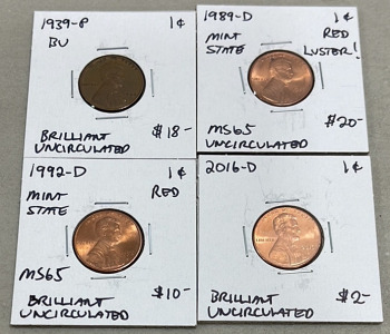 (1) 1939-P Lincoln Wheat Penny (BU), (1) 1989-D Lincoln Penny, (1) 1992-D Lincoln Penny (BU), (1) 2016-D Lincoln Penny (BU)