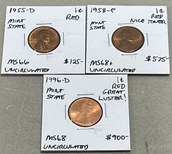 (1) 1955-D Lincoln Head Wheat Cent MS66 Uncirculated Mint State, (1) 1958-P Lincoln Head Wheat Cent MS68+ Uncirculated Mint State, (1) 1996-D Lincoln Head Cent MS68 Uncirculated