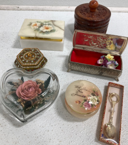 (1) Round Wood Jewelry Box (1) Hand Carved Alabaster Jewelry Box & More!