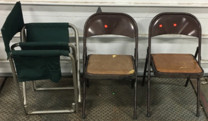 (2) Brown Outdoor Table Chairs, (1) Green Folding Camping Chair