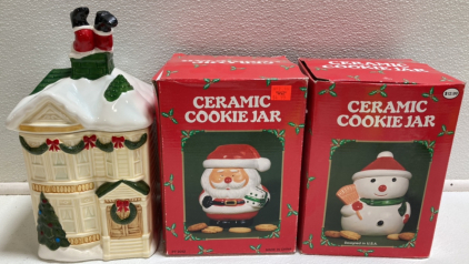 (3) Christmas Cookie Jars: Santa in a Chimney, Small Santa, Small Snowman