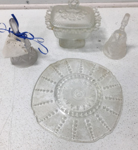 Vintage Indiana Clear glass Pedestal Open Lace Oblong Butter Candy Dish Lid, Clear Glass Bells And More