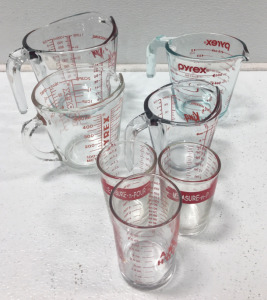 (4) Glass Measuring Cups, (3) Glass Measuring Shot Glasses