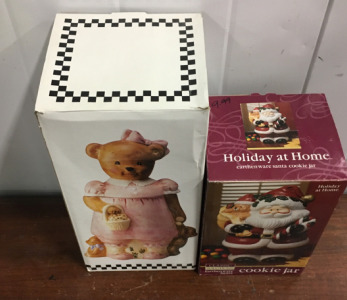 (1) Bear Cookie Jar, (1) Holiday At Home Earthenware Santa Cookie Jar