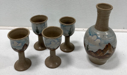 (4) Stone Ware Glasses, Matchint Pitcher