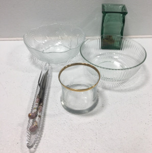 (2) Glass Salad Bowls, (2) Glass Vases, Decorative Fork And Knife