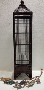 Wood Bird Cage, Pottery Fish Wall Hanging