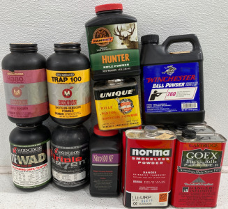 (1) Ramshot Hunter Rifle Powder (3) Goex Black Rifle Powder (3) Smokeless Powder & More!!