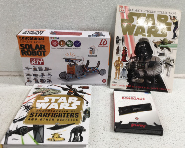 (1) STEM 12-in-1 Solar Robot Kit (1) StarWars Ultimate Sticker Collection Book missing some (1) StarWars Encyclopedia of Starfighters & Other Vehicles & More!