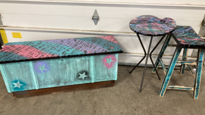 Splatter Painted Furniture: Barstool, Palette Shaped Table, Storage Trunk