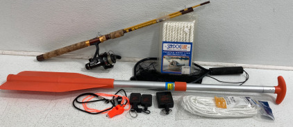 (1) Eagle Claw Trailmaster Fishing Pole (1) Seachoice Paddle Md#71100 (1) Sea Dog Line Dock Line 3/8”x15’ & More!