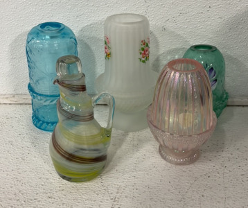 (4) Vintage Decorative Glass Candle Holders, (1) Vintage Glass Cruet Decanter