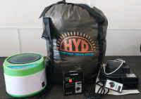 Hot Yoga Dome. Accessories include Sauna Steamer/Fan with Vivosun fan speed controller (extra speed controller included) and a Dayton Ceramic Heater