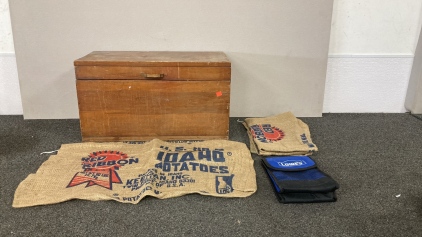 Wood Trunk W/Vinage Potato Bags