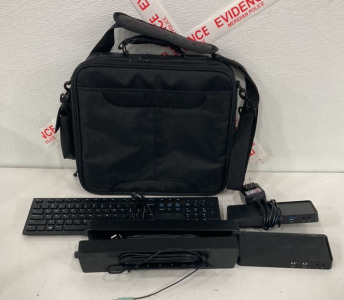(2) Kensington SD3600 Dual Video Dock, (2) Hp LCD Speaker Bar OP-090003, (1) Dell Wired Keyboard KB216d, (1) Black ThinkPad Laptop Bag (SP3)