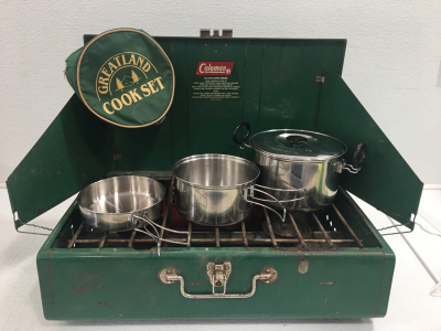 Coleman 2 Burner Camp Stove (1) Greatland Cook Set With 2 Pots & 1 Pan SP7