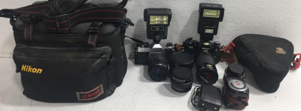 (1) Pentax K1000 Camera W/Vivitar Flash (1) Nikon FE2 Camera W/Spiratone Twinlite Flash & Lots More!