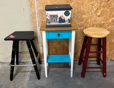 Side Table, Stools and Wood Box