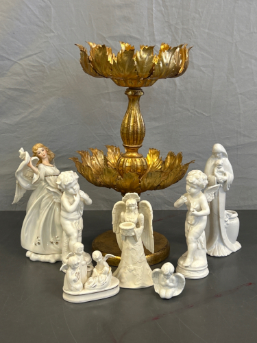 Gold Toned Decorative Stand and Angel Decor