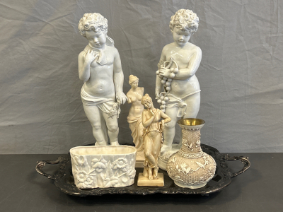 Silver Serving Tray, Vase, Plant Holder and Statues