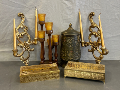 Home Decor Including: Vintage Tissue Holders, Candle Holders and Metal Container with Lid