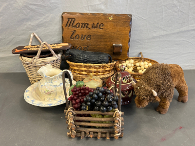 Home Decor: Baskets, Ceramic Plate and Pitcher, Signs, Artificial Grapes and More