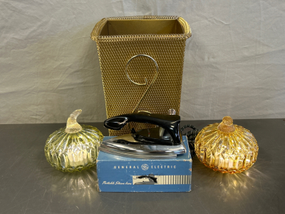 (2) Light Up Crystal Pumpkins, Gold Trash Can and Vintage General Electric Steam Iron (Powers On)