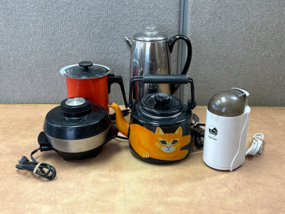 Vintage Electric Devices:Tea Pot, Egg Cooker, Coffee Mill, Hot Pot and Percolator