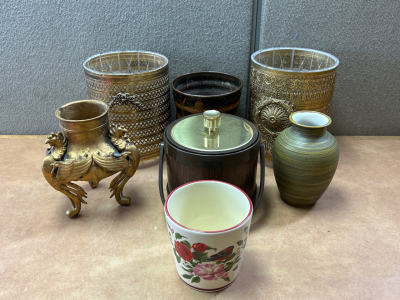 (2) Trashcans, Ice Bucket, Vase, Plant Pots and Brass Stand