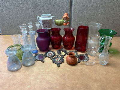 Glassware Including Vases Of All Sizes and Wall Picture Frames