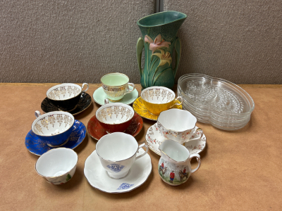 Collectible Vase, Crystal Trays, and Teas Cups with Matching Plates